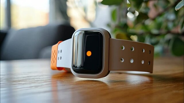Smartwatch with orange strap resting on plant-lit wooden desk. 