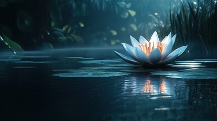 A mystical glowing lotus flower blooming on a still water surface, peace and serenity