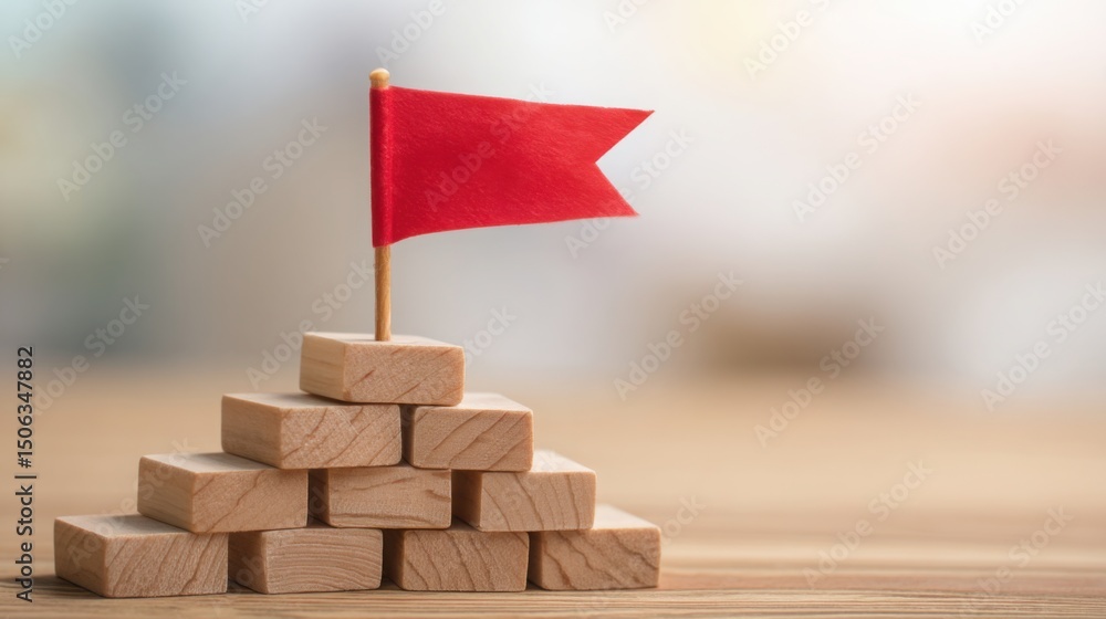 Poster wooden block stack with a red flag symbolizing national growth and progress in business development