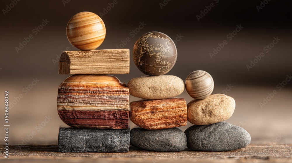 Poster balanced composition of a stack of rocks and a wooden ball symbolizing net positive impact in visual