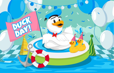 Anniversary Sailor Duck In The Pond Cartoon Illustration