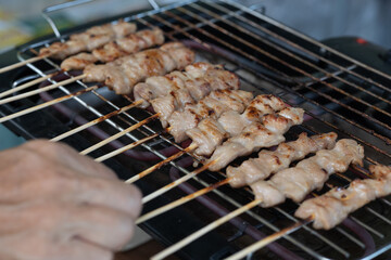 Grilling Delicious Skewered Pork Over Hot Charcoal on a Barbecue Grill