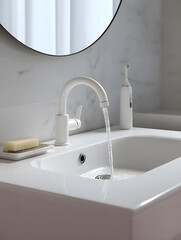 Fototapeta premium Modern White Sink with Marble Backsplash and Round Mirror