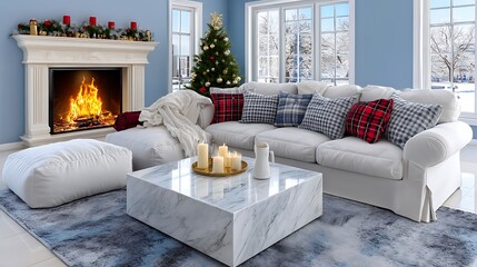 Cozy Living Room with Christmas Decor, Fireplace, and Elegant Furnishings in Winter Setting
