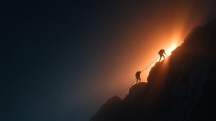 Asian Female Climbers Pulling Rope Together: Minimalist Mountain Scene with Dramatic Backlighting and Copy Space