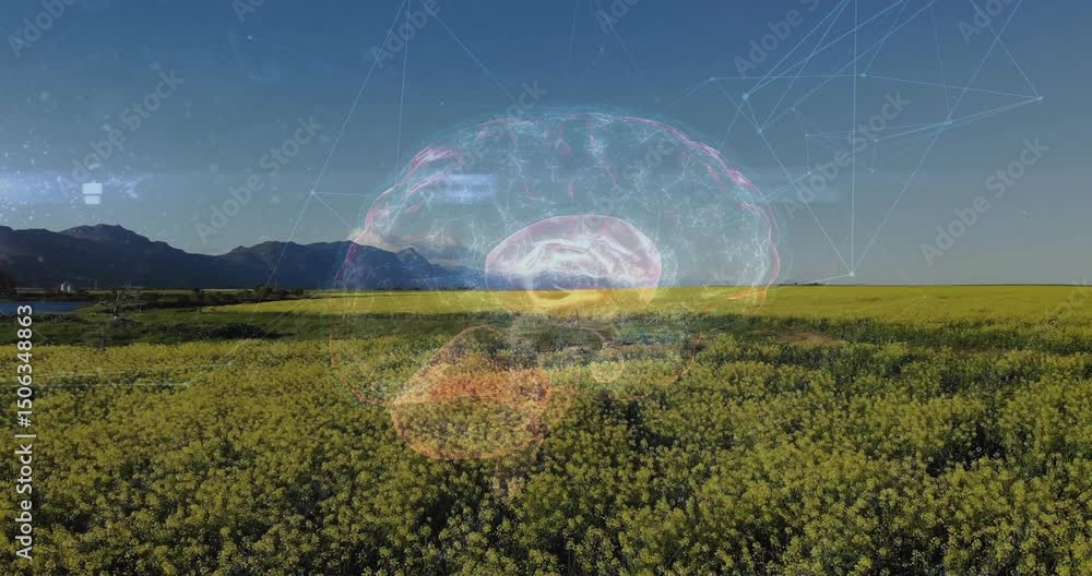 Poster opening on yellow field showing spinning brain hologram mapping network over path to mountains