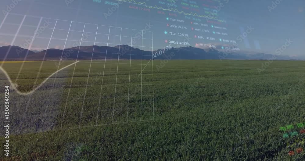 Poster after pause, ar overlay emerging over crop field, drawing graph and updating metrics for monitoring