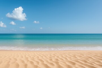Obraz premium Tranquil Beach Scene with Soft Sand, Calm Ocean Waves, and Clear Blue Skies Under Fluffy Clouds