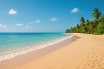Obraz premium Serene Tropical Beach with Crystal Clear Water and Golden Sand Under a Bright Blue Sky Surrounded by Lush Green Palm Trees