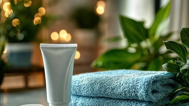 Relaxing spa scene with towels, facewash, and plants in soft light. 