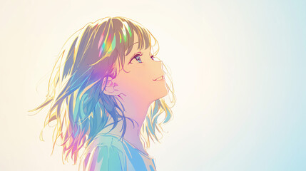 虹色の光が当たる若い女性の横顔