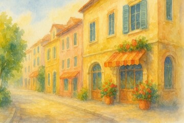 Serene Watercolor Scene of Charming European Street with Colorful Buildings and Flower Pots in Soft Morning Light