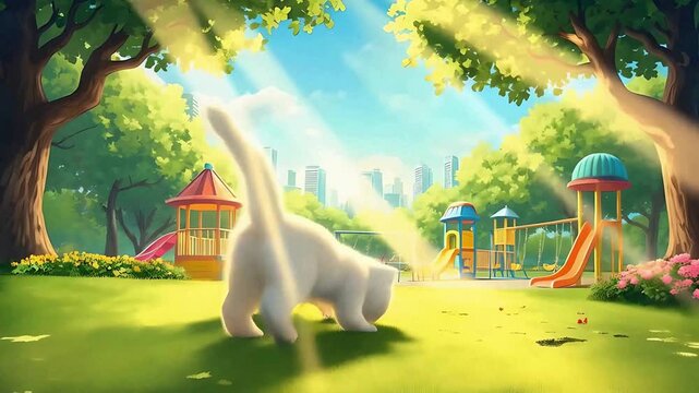 Cute kittens playing at park playground cartoon illustration children's book background art drawing. White kittens play in sunny park. Fluffy cats on green playground. Cute kittens under sunny sky