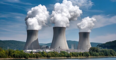 Nuclear power plant with three cooling towers releasing white steam under a clear blue sky, ideal for energy, sustainability, and environmental industry-related content