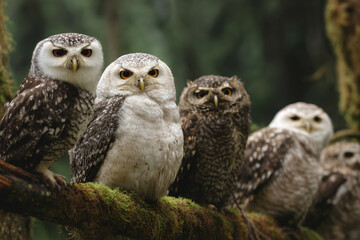 Fototapeta premium a group of owls sitting on a branch