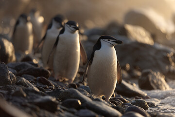 Naklejka premium a group of penguins walking along a rocky beach