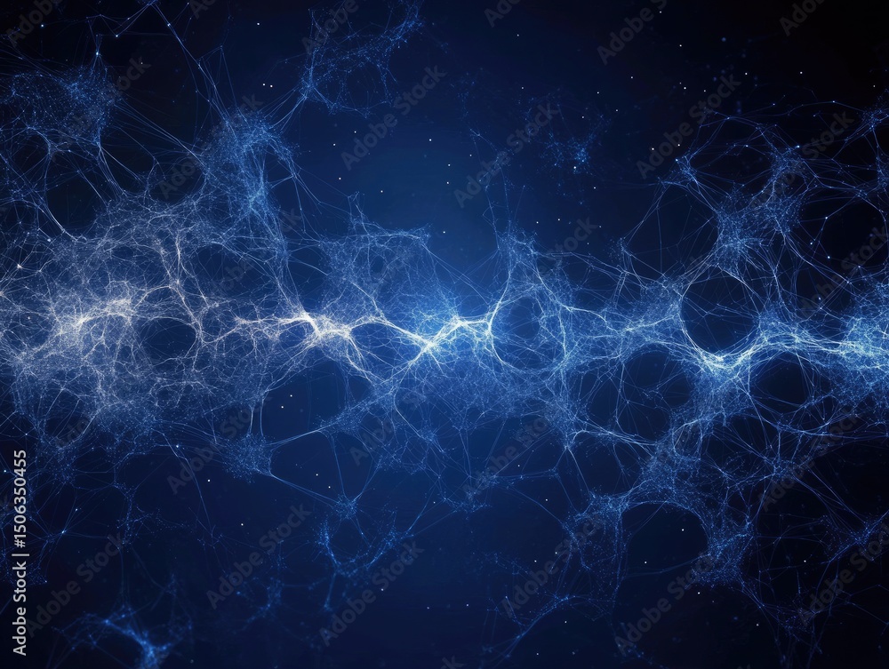 Poster abstract network structure of interconnected nodes and lines. dark blue background with glowing, lig