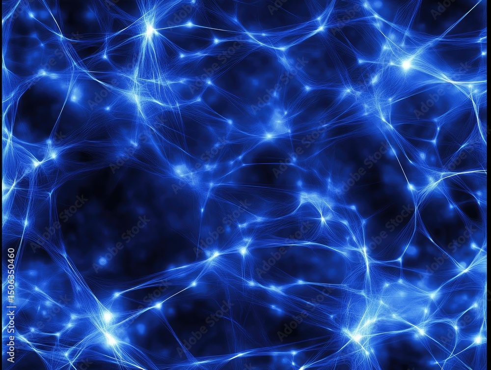 Poster abstract neural network, intricate connections of glowing blue lines and points on a dark background