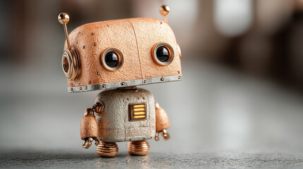 A minimalistic, shiny and cute modern robot stands in a clean setting with a blurred background. Designed with simplicity and charm, with ample blank caption space on the side.
