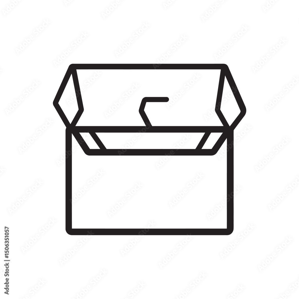 Poster simple monochrome outline shows an open cardboard box on a transparent background