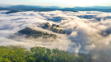 Aerial view of the Cau Dat suburbs near Da Lat city at morning with misty sky in Vietnam highlands