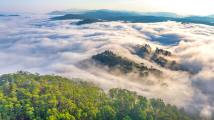 Aerial view of the Cau Dat suburbs near Da Lat city at morning with misty sky in Vietnam highlands