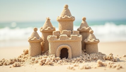 A detailed sandcastle creation on a sandy beach with ocean waves in the background