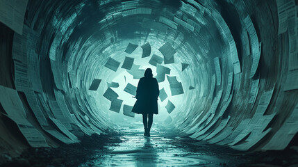 A lone figure walks through a tunnel of swirling documents, symbolizing the complex journey of financial audits and tax filing. Dynamic motion and paper chaos reflect stress and determination.

