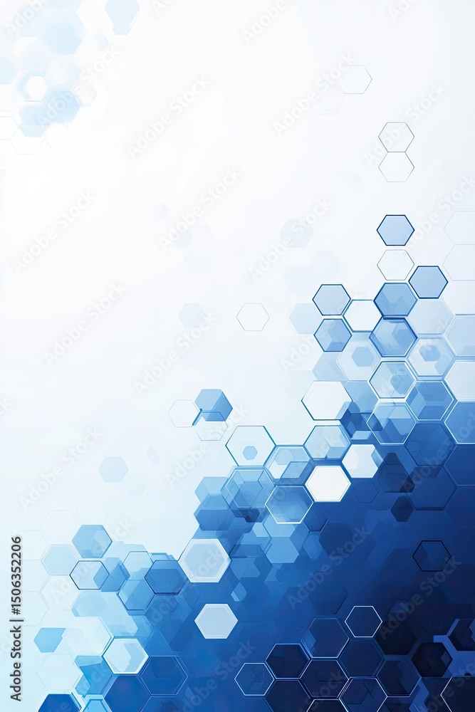Poster abstract hexagonal pattern. a collection of overlapping hexagons in varying shades of blue against a
