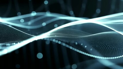 Ethereal Waves. The image shows abstract blue-glowing waves comprised of light points against a dark background