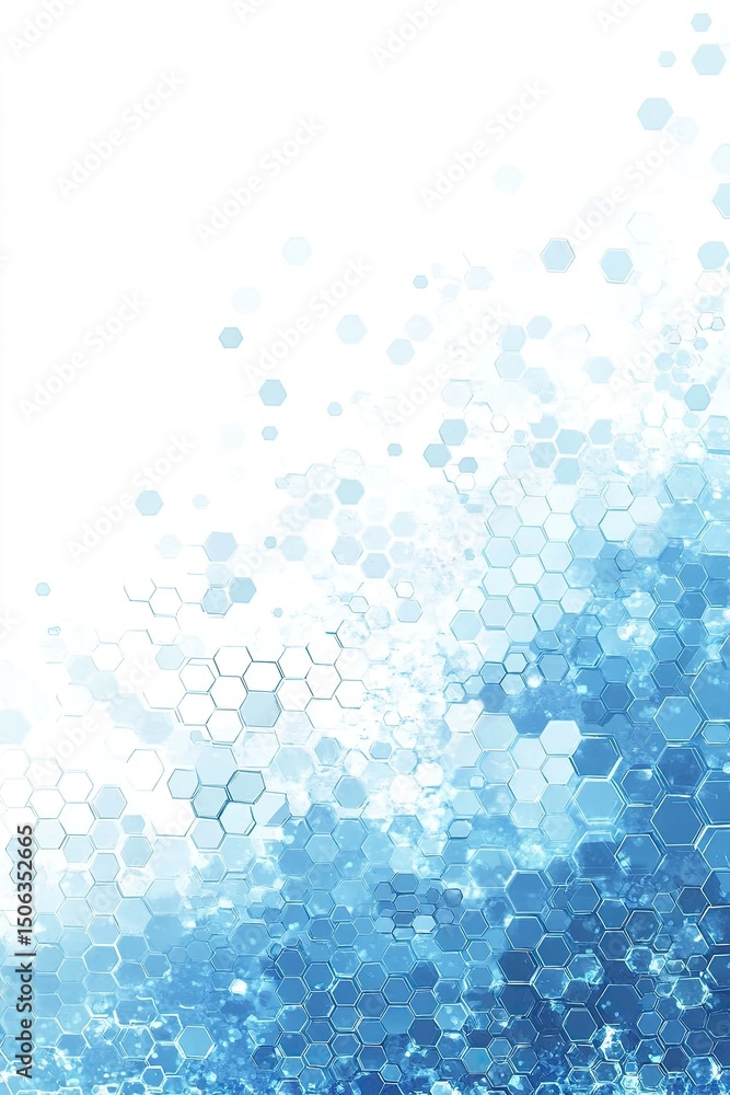 Poster abstract digital hexagons in light blue gradients, flowing downward into a white background. a soft,