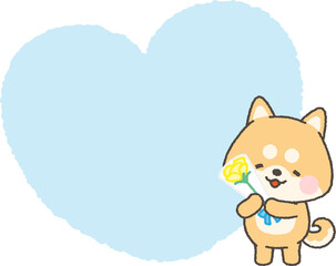 黄色いバラの花束を持つ茶色い柴犬とハートフレーム