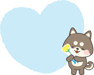 黄色いバラの花束を持つ黒い柴犬とハートフレーム