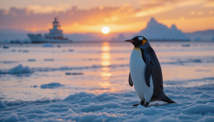 Fototapeta premium Penguin's Antarctic Vigil: A solitary penguin stands resolute amidst a breathtaking icy Antarctic landscape, framed by a radiant sunset, with an exploration vessel in the background.