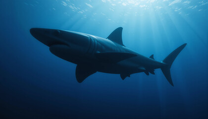 Obraz premium Majestic Shark in the Deep: A powerful shark glides through the depths of the ocean, its silhouette illuminated by beams of sunlight, evoking the mystery and wonder of the underwater world.