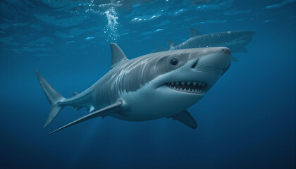Underwater Majesty: Witness the awe-inspiring power of a great white shark, gracefully navigating the depths of the ocean. Capturing the beauty of marine wildlife.