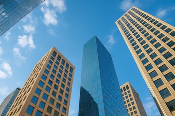 Obraz premium Modern Urban Skyscrapers Under Bright Blue Sky Showcasing Contemporary Architecture and Clear View With Cloud Patterns in Background
