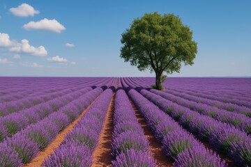 Obraz premium Expansive Lavender Field with Lone Tree Under Bright Blue Sky and Fluffy Clouds in a Peaceful Landscape Setting
