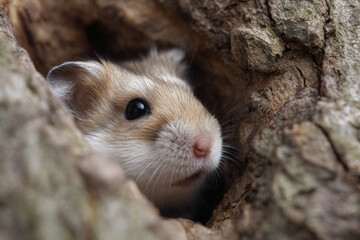 a hamster peeks out of a hole in a tree