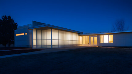 Modern home at dusk with warm interior lights, minimalist design. Cozy contemporary living in harmony with twilight.
