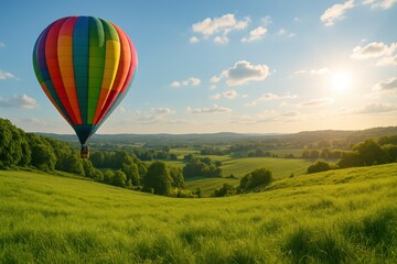 Obraz premium Colorful Hot Air Balloon Gliding Over Verdant Green Hills at Sunrise with Soft Clouds and Serene Landscape in Background