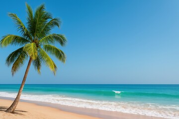 Serene Tropical Beach with a Palm Tree, Soft Waves, and Clear Blue Sky on a Sunny Day in Paradise