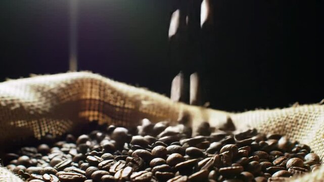 Coffee beans falling and pouring hot coffee into a cup.  Generative AI.