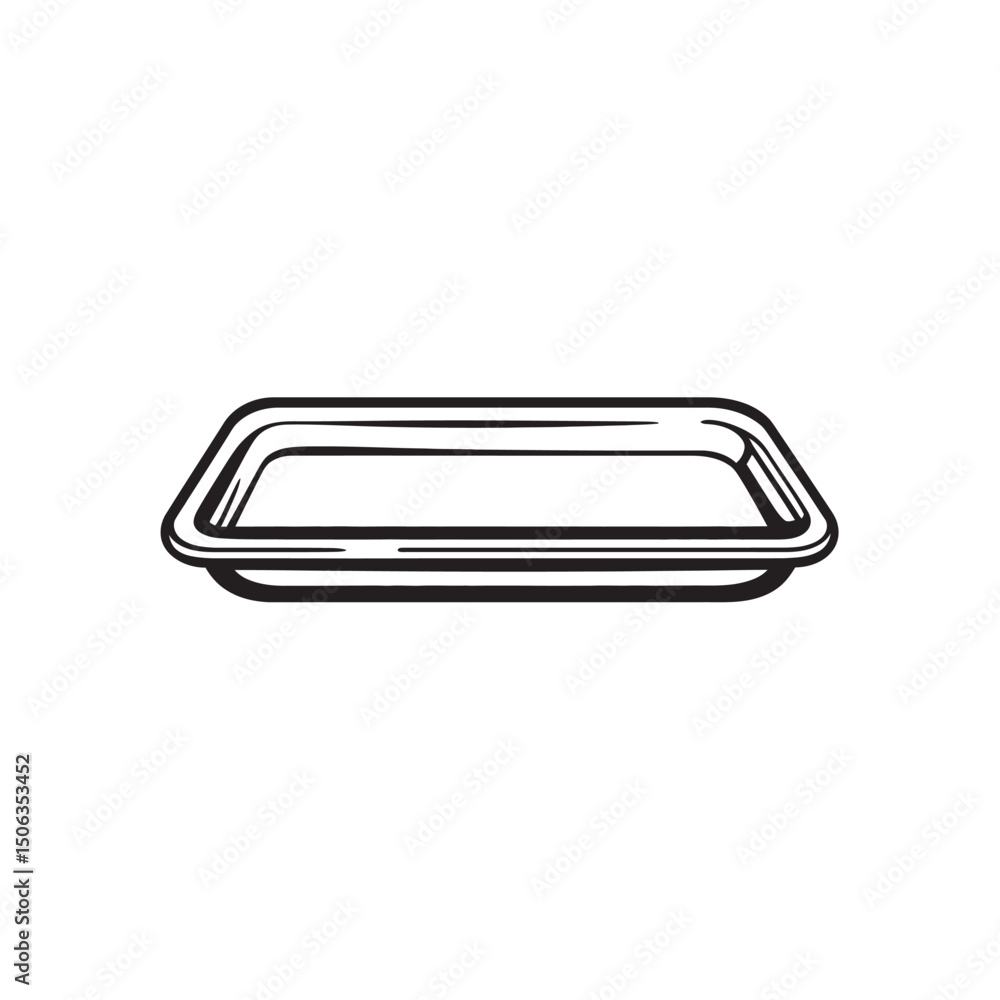 Poster simple outline showcases an empty, rectangular serving tray isolated against a transparent backgroun