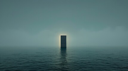 A solitary dark door in a foggy ocean