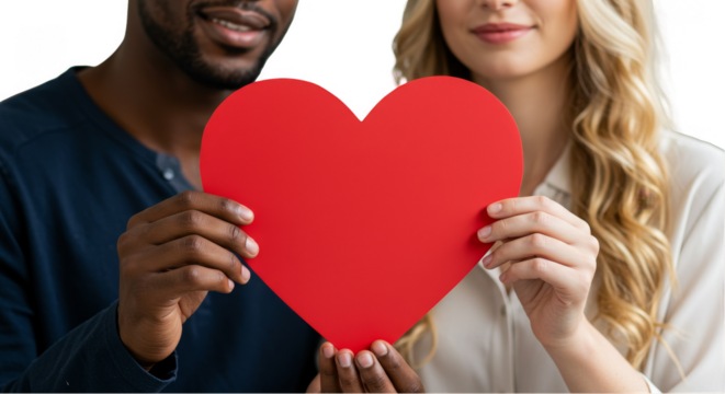Loving Couple Holds Red Heart Shape Valentines Day Background