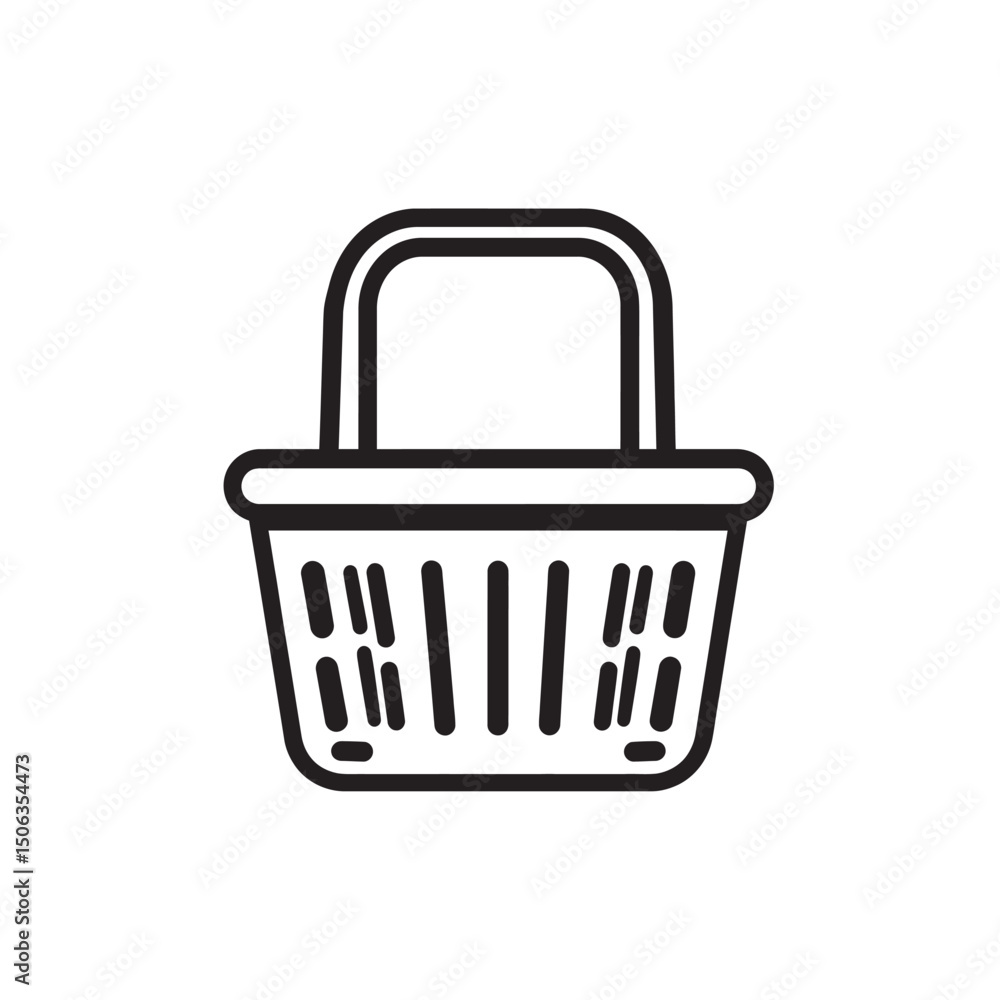 Poster simple outline shows a shopping basket with a handle on transparent background