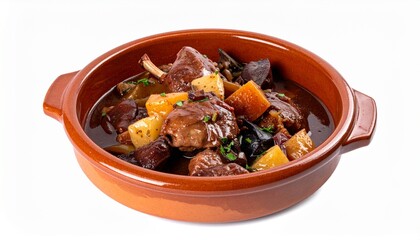 Coq au Vin stew in ceramic bowl isolated on white background for traditional French cuisine concept