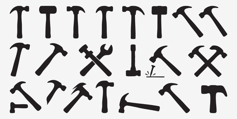Vector Illustration Set Featuring Various Hammer Silhouettes and Tool Combinations Ideal for Construction Carpentry and Repair Themes with Clean Design and Versatile Usage