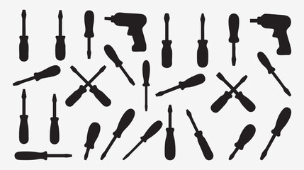 Vector Illustration of Assorted Screwdrivers and a Drill in Silhouette Style Perfect for Construction Repair DIY Projects and Tools Related Designs